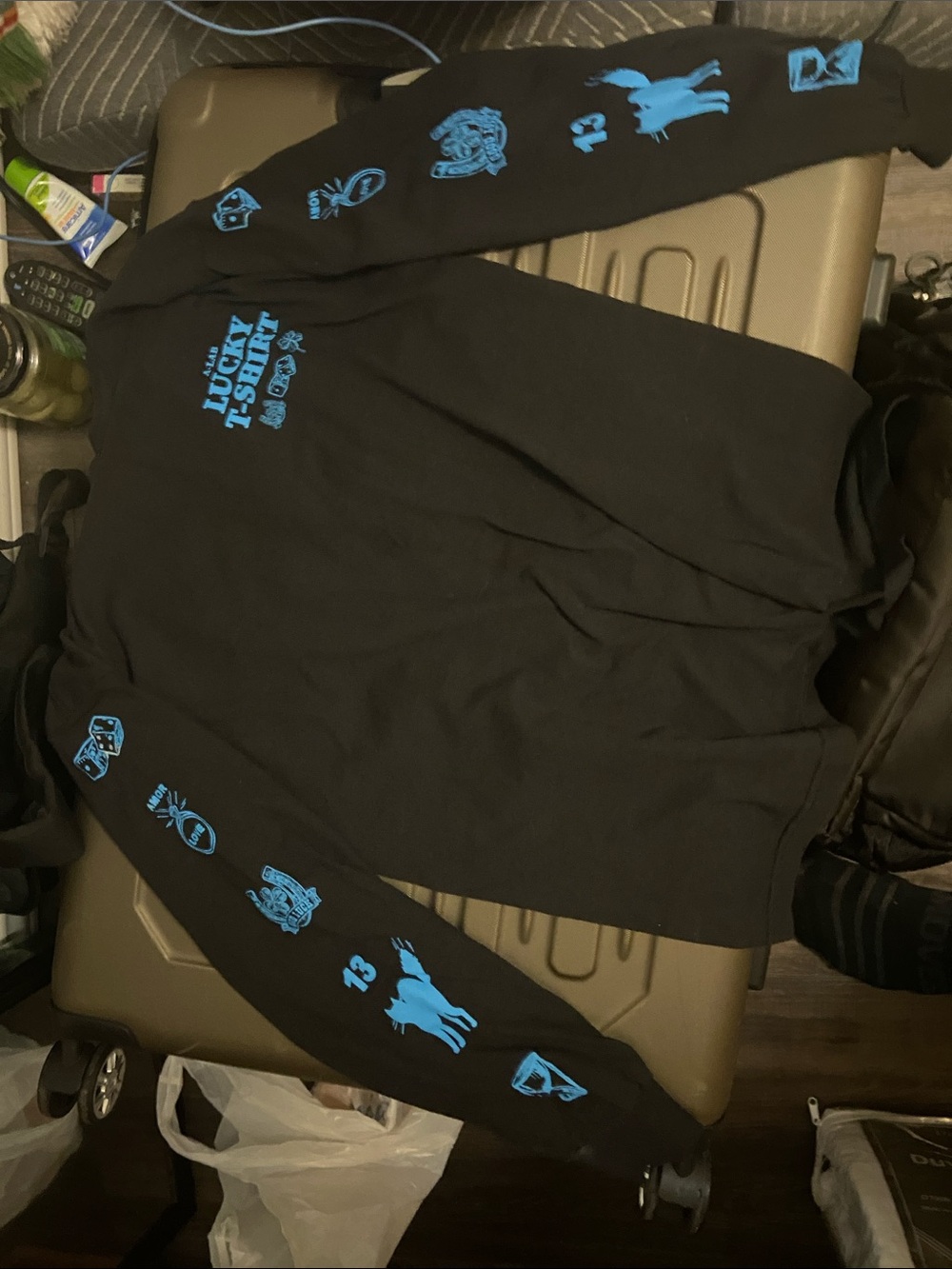 Lucky T-Shirt Co. Black Long-Sleeve Graphic Tee with Blue Prints